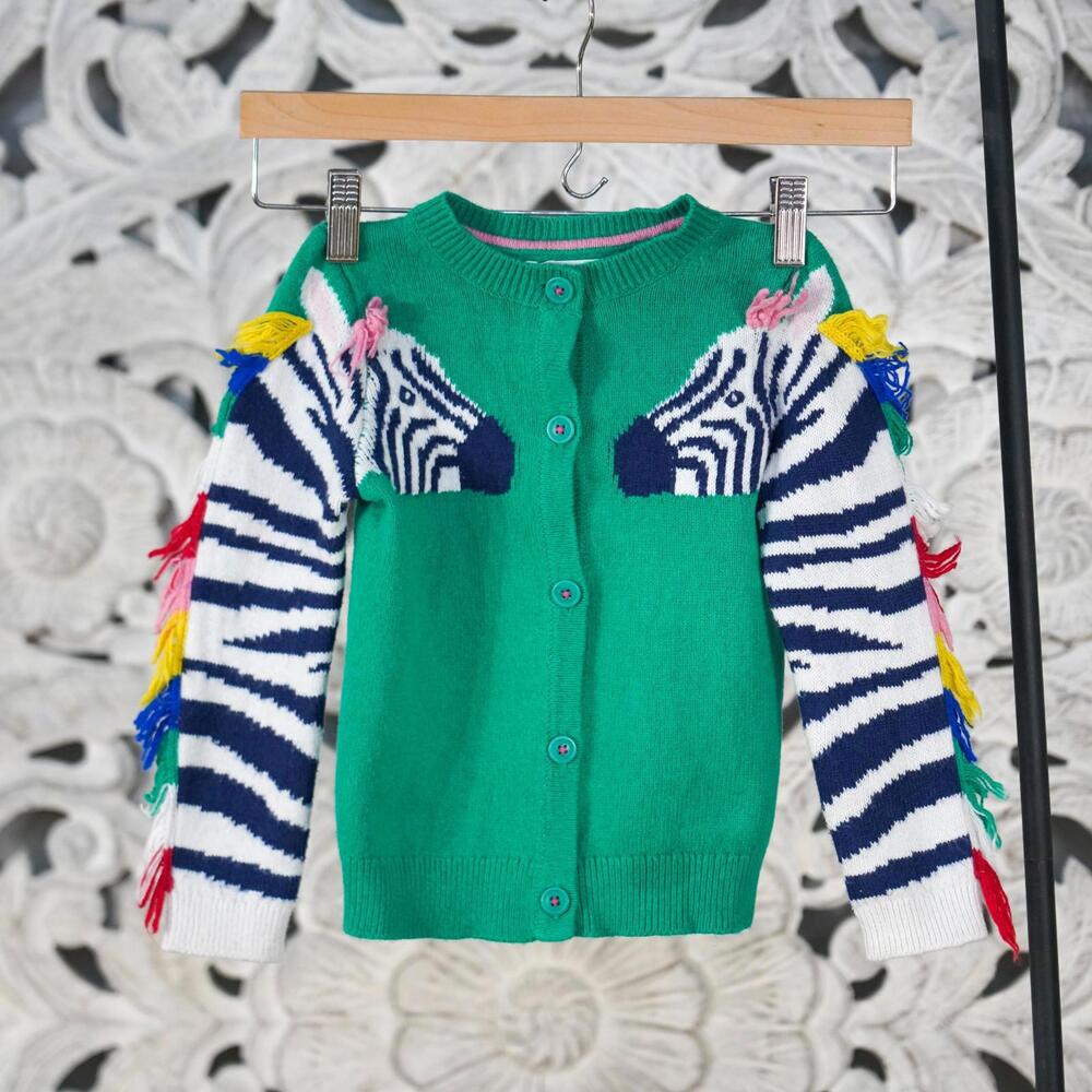 Mini Boden Girls 3-4Y Zebra Tassel Cardigan Green Cotton Blend Button Sweater